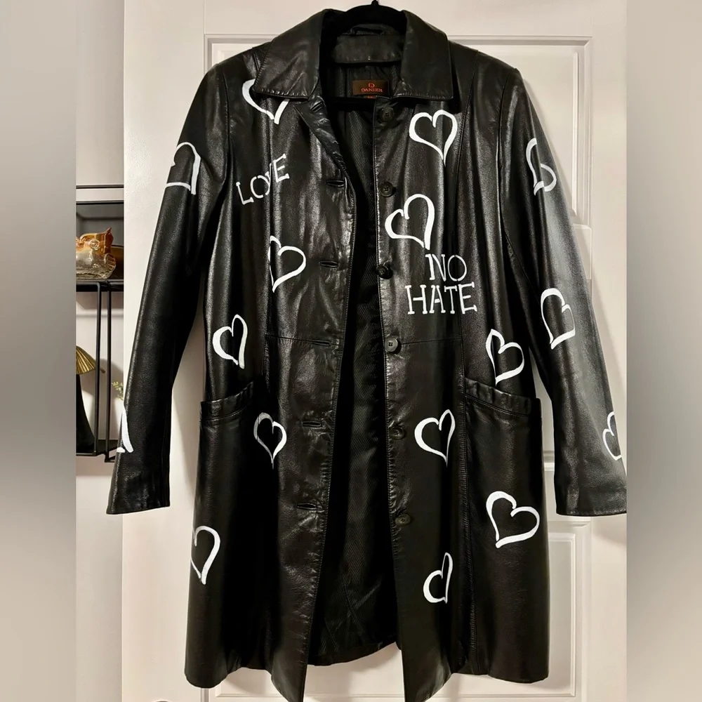 Danier Black Leather Jacket with White Heart Motifs - Picture 2 of 8